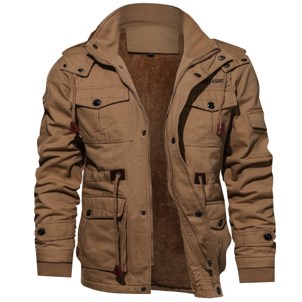Winter Zip-up Coat Warm Thickened Detachable Hooded Jacket Multi-pocket Button Drawstring Long Sleeve Tops Men's Cargo Clothing