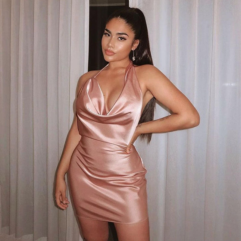 Satin-Partykleid mit V-Ausschnitt, rückenfreies Mini-Kleid, ärmellos, Sommer-Partykleid
