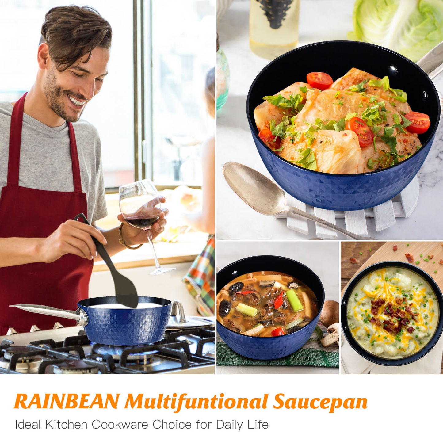 Rainbean Mehrzweck-Kochtopf mit Antihaftbeschichtung, 18 cm und 17 cm Set – Dreischichtiger Verbundboden mit Edelstahlgriff, Kompatibel mit allen Herdplatten einschließlich Induktion, PFOA-frei, Ideal für Soßen und Köcheln