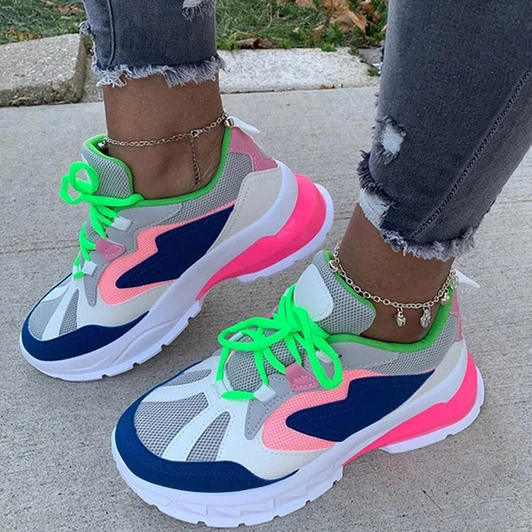 Flat-bottomed, thick-bottomed, mesh fly-knit lace-up single shoes