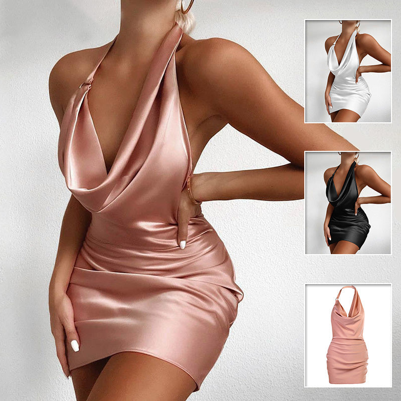 Satin-Partykleid mit V-Ausschnitt, rückenfreies Mini-Kleid, ärmellos, Sommer-Partykleid