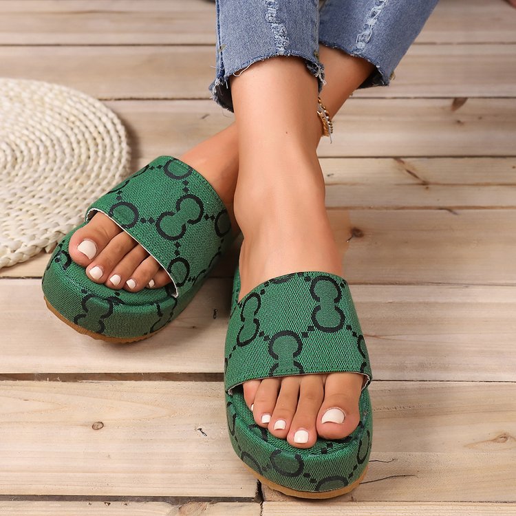 Drucken Sie dicke Sohlen flache Hausschuhe Sommermode Casual Outdoor Strandschuhe für Frauen