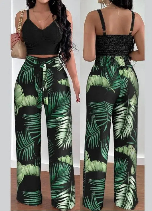 Women's Solid Color Slim Elastic Pleated Two-Piece Suit Sexy Spaghetti Strap V-neck Backless Vest High Waist Wide Leg Pants Suit